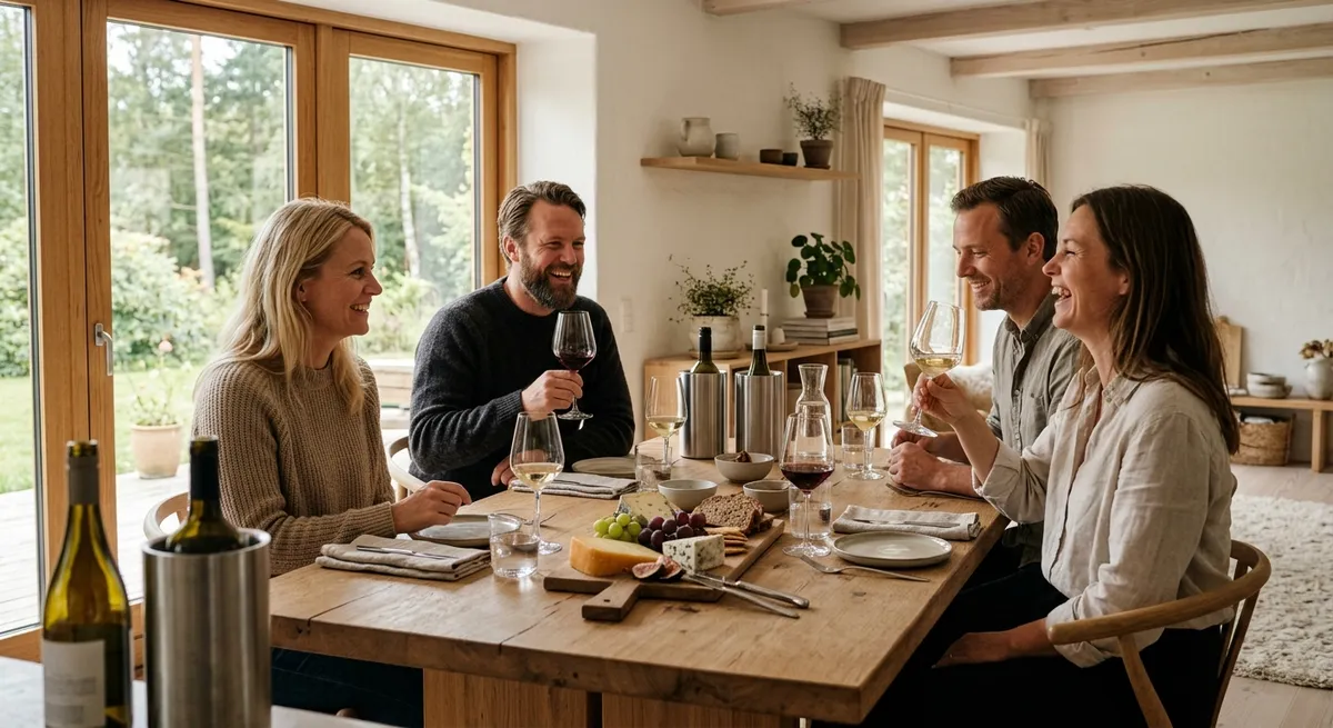 En gruppe der nyder en stemningsfuld vinsmagning oplevelse ved et egetræsbord i skandinavisk stil